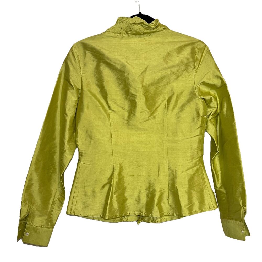 J. McLaughlin 100% Silk Shirt Size 4 Green Ruffle Neck Front Button Long Sleeve - Picture 3 of 12
